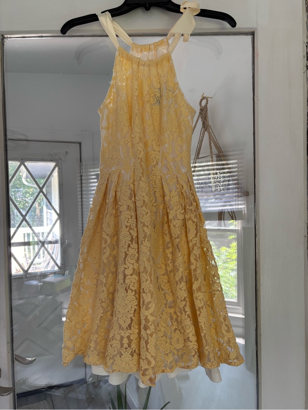 Yellow Lace Halter Mini Dress with Ribbon Ties